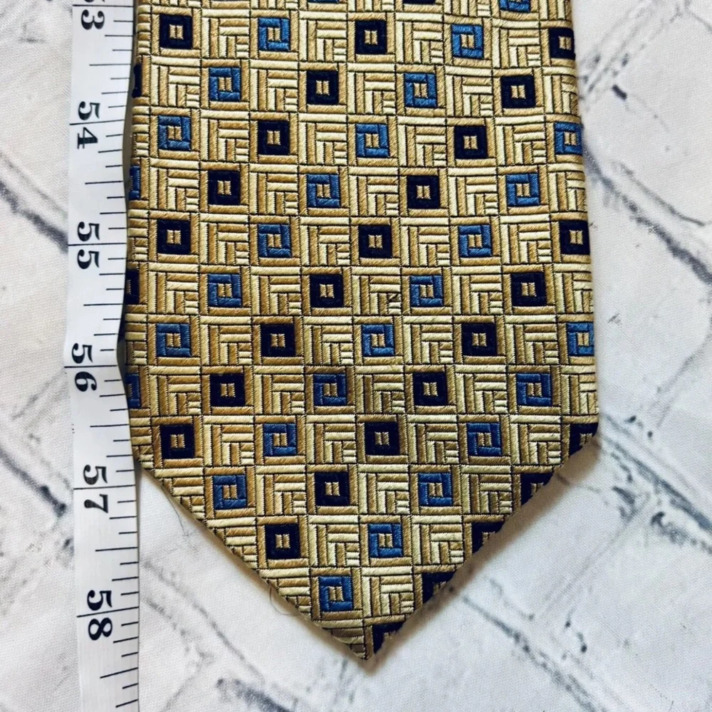 ROBERT TALBOTT Studio Mens 100% Silk Necktie USA Designer Geometric Tan/Blue